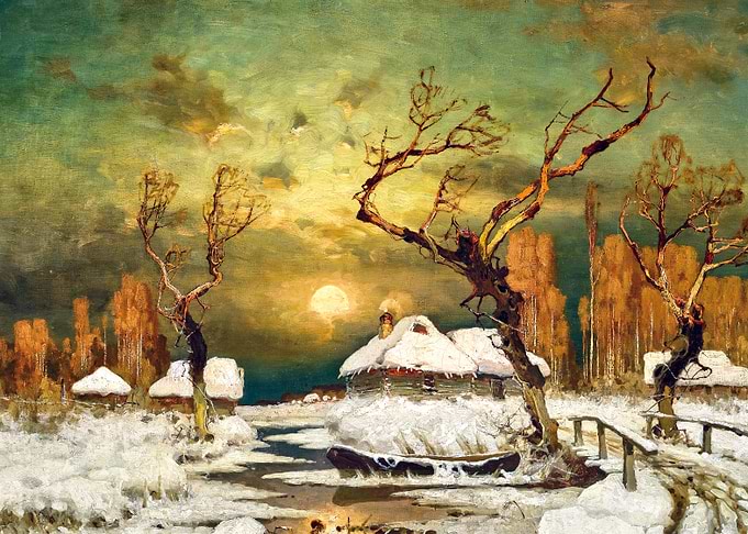 Winter Landscape with Bridge by Julius Sergius Klever Snow Painting