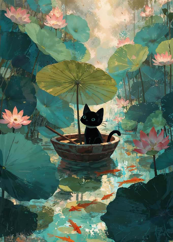 Black Cat Rowing Boat Among Lotus Pond