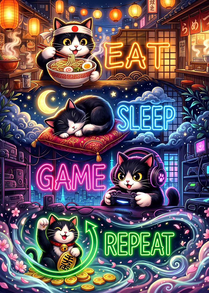 Eat Sleep Game Repeat Cat Poster