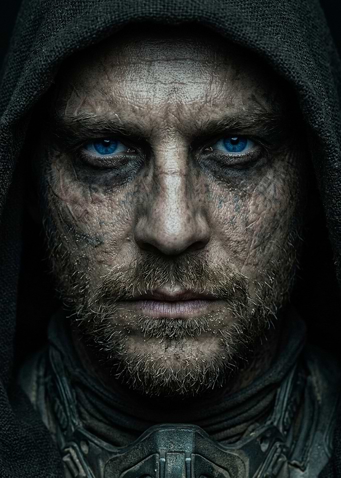 Intense Warrior with Glowing Blue Eyes