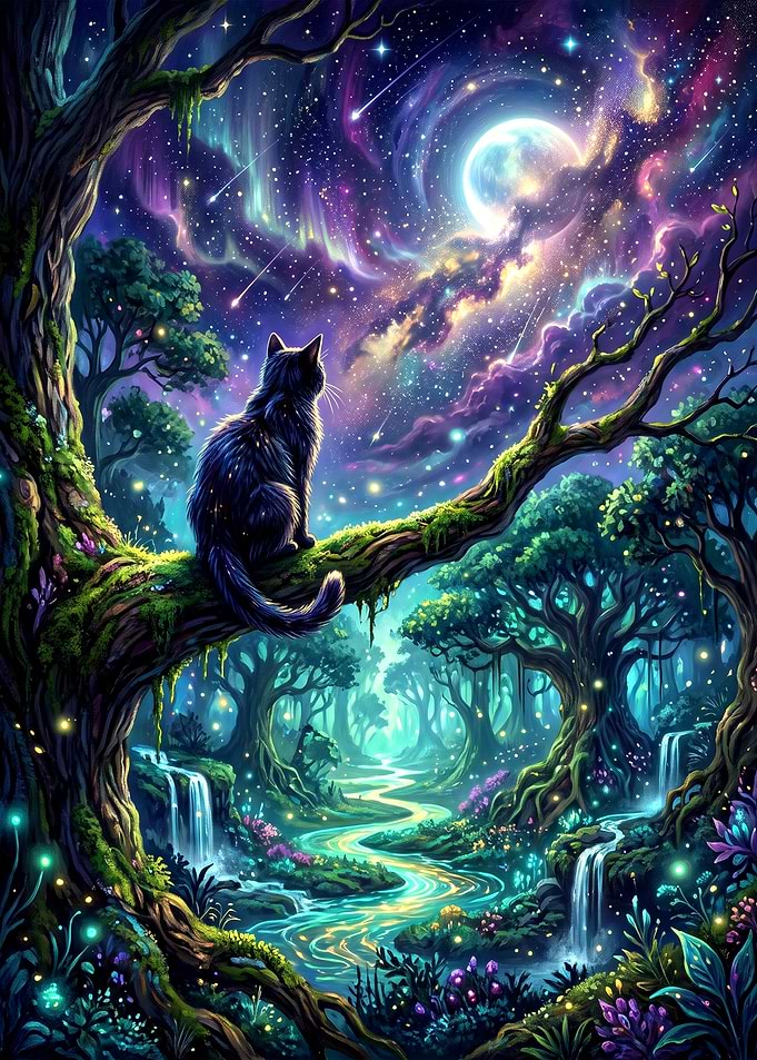 Black Cat Watching Magical Night Sky