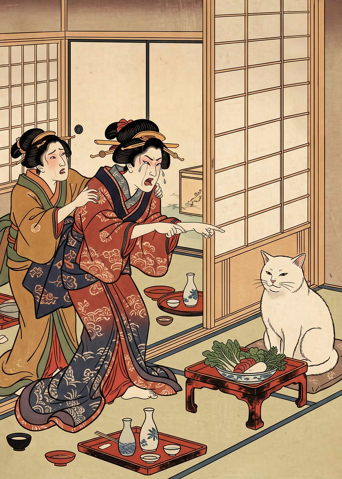 Ukiyo-e Style Woman Yelling at Cat