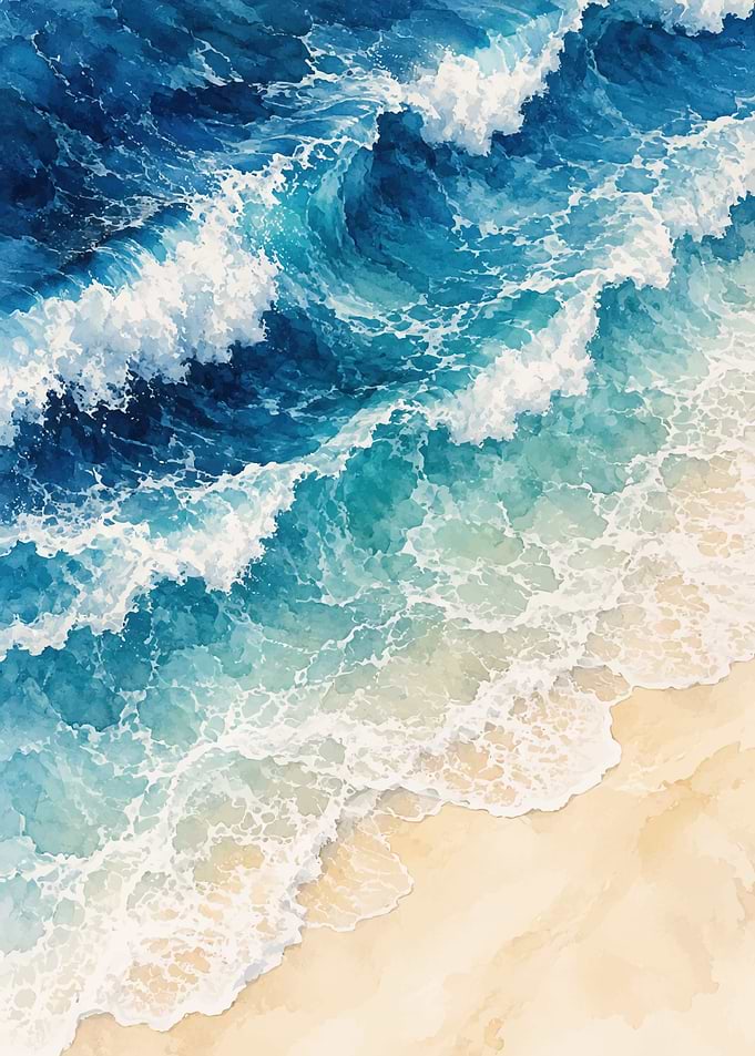 Watercolor Ocean Waves on Sandy Beach