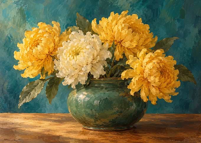 Yellow and White Chrysanthemums in Vase