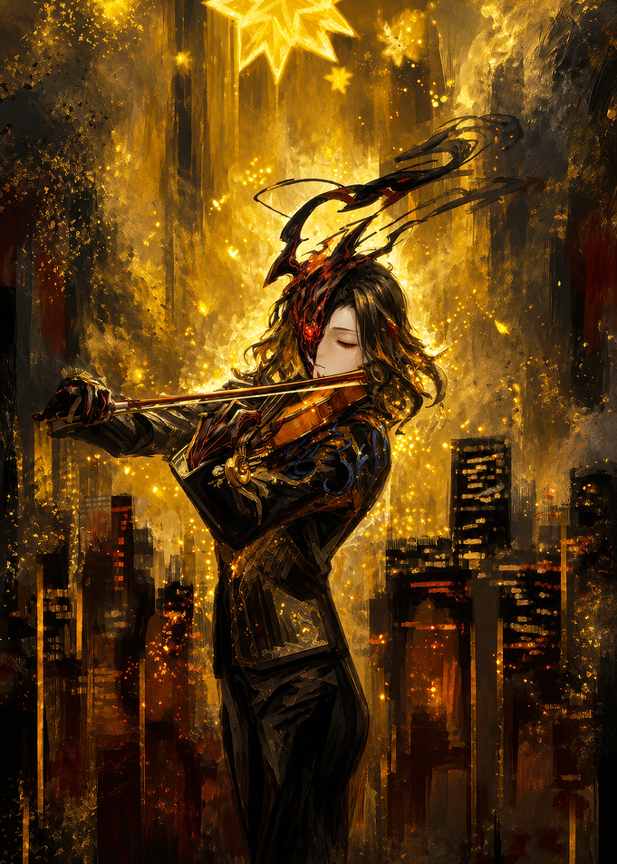 Violinist in Golden Cityscape
