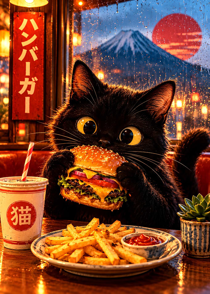 Cute Black Cat Eating a Burger