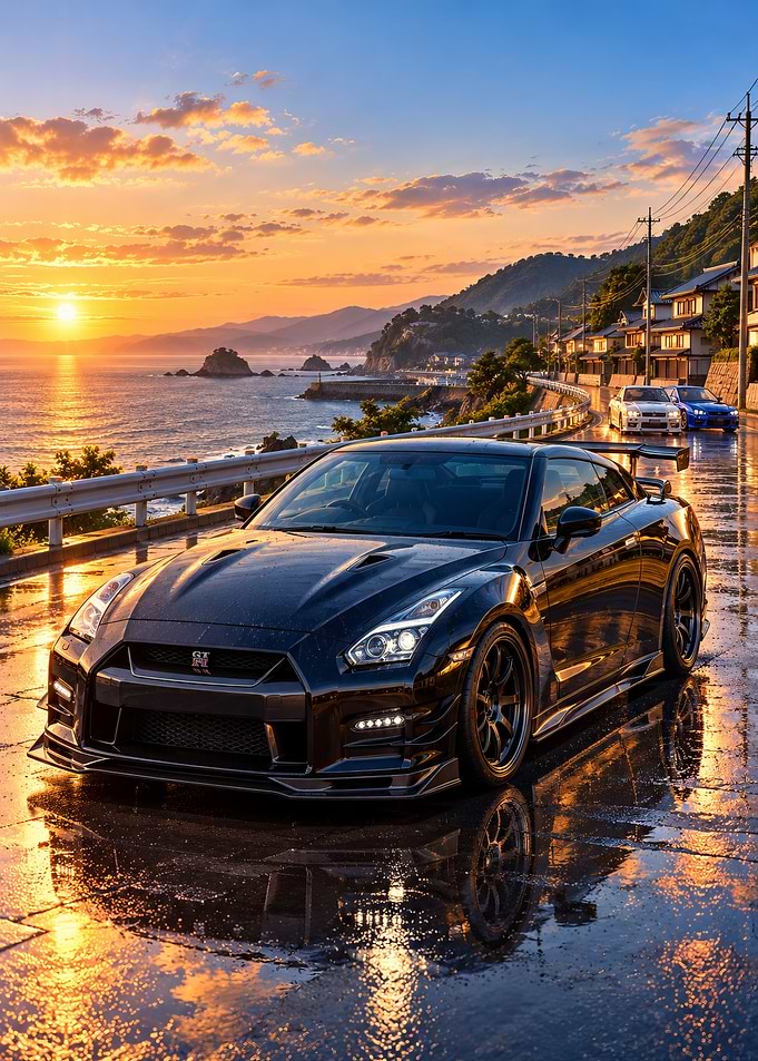 Black Nissan GT-R at Sunset