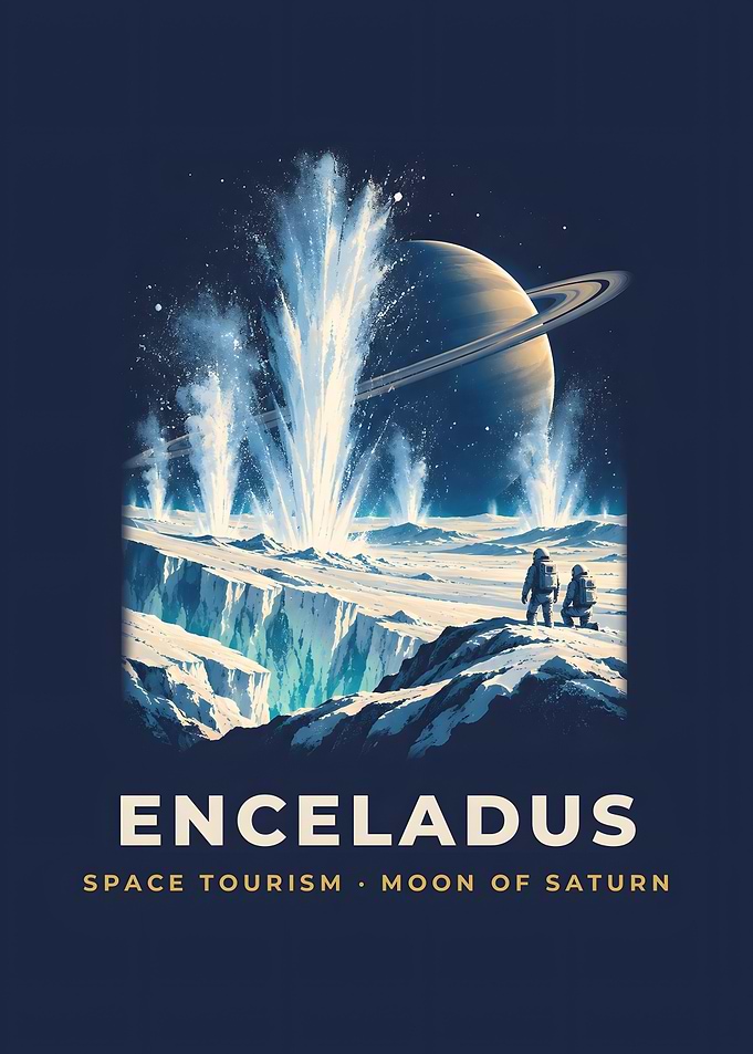 Enceladus Ice Geysers Vintage Space Tourism Poster