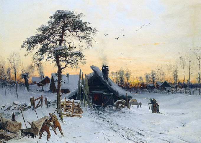 Winter Village with Snow Landscape Painting