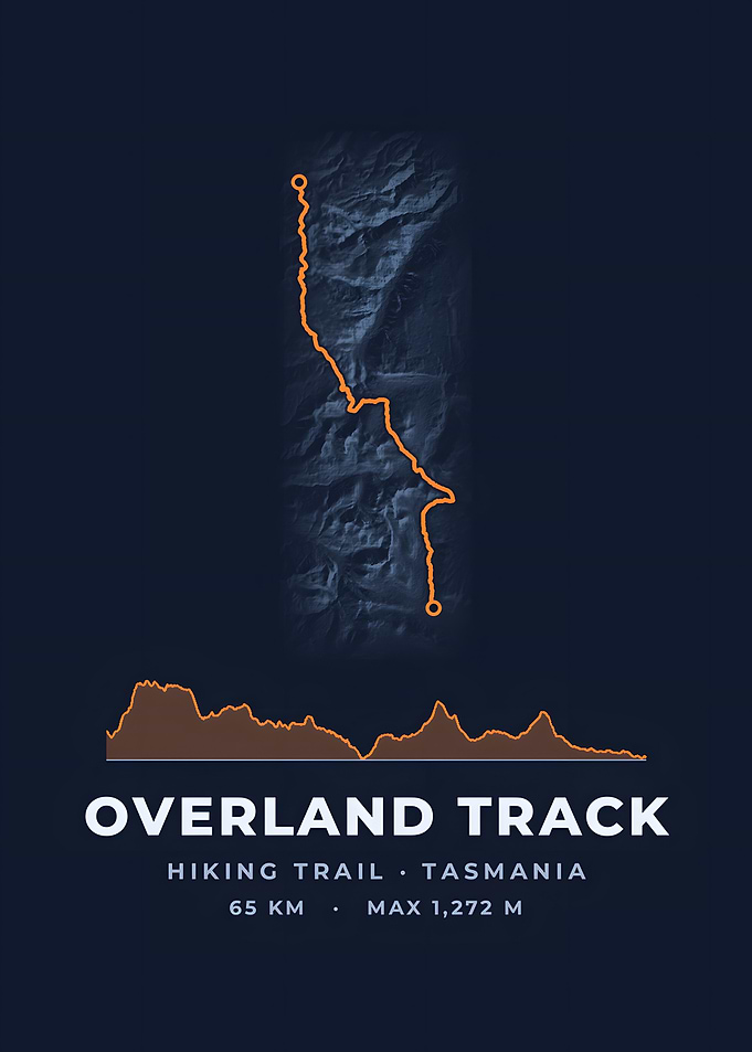 Overland Track Hiking Trail Map Midnight Blue Print