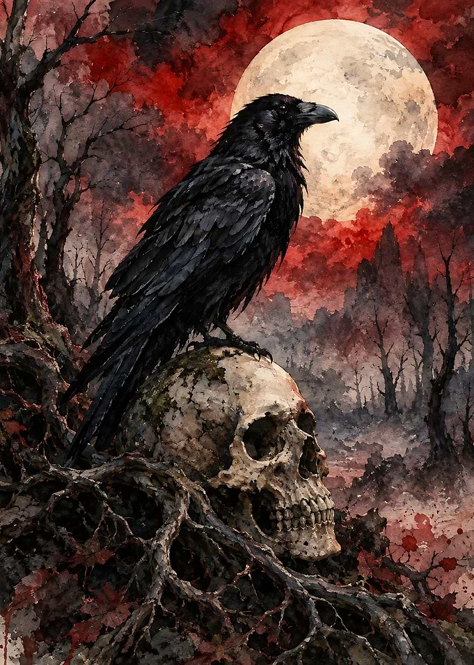 Raven Perched on Skull Under Moon