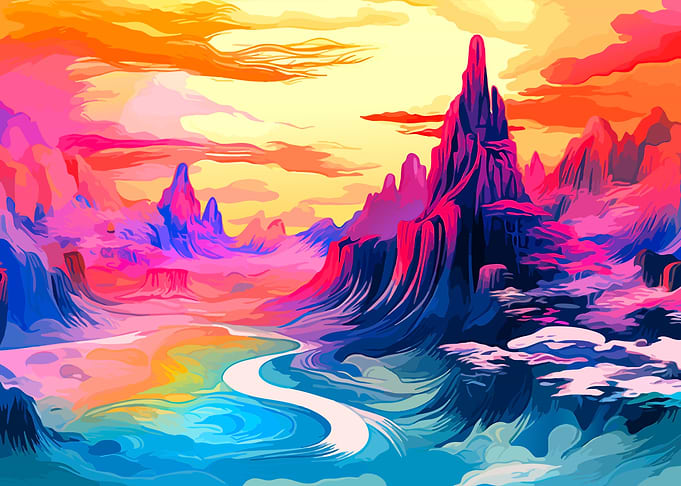 Vibrant Surreal Mountain Landscape