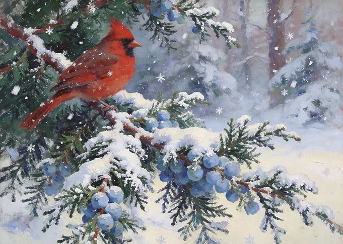 Cardinal Bird on Snowy Juniper Branch