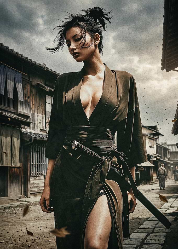 Samurai Woman Kimono Dark Art Poste