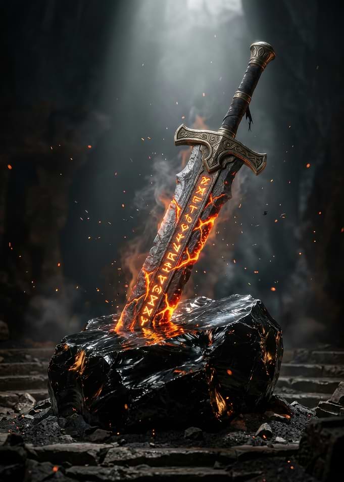 Fiery Runesword Embedded in Obsidian Rock