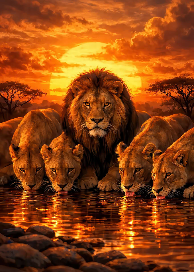 Lion Pride Drinking at Sunset
