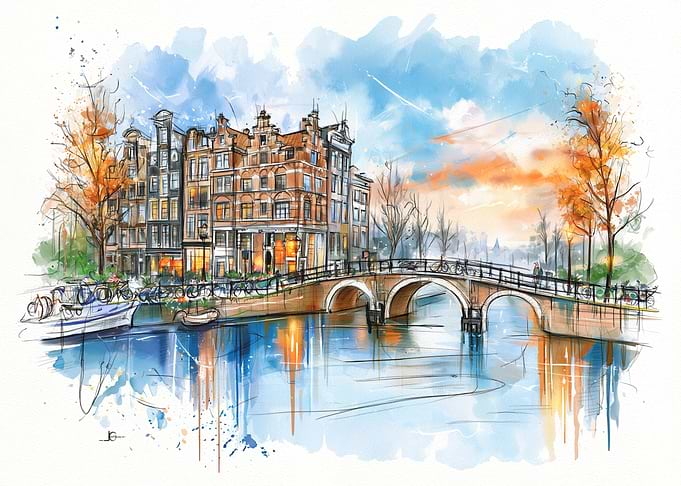 Watercolor Amsterdam Canal Scene