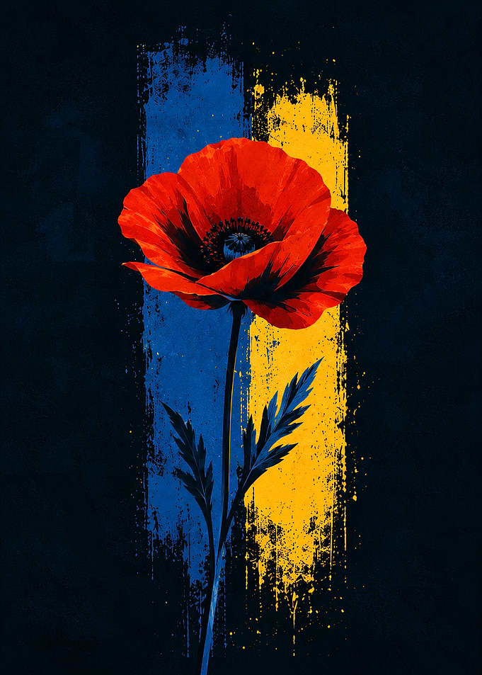 Red Poppy on Ukrainian Flag Colors