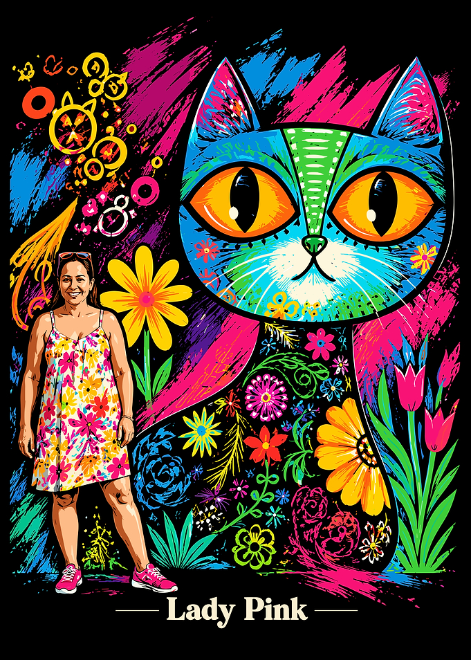 Lady Pink Floral Cat Art