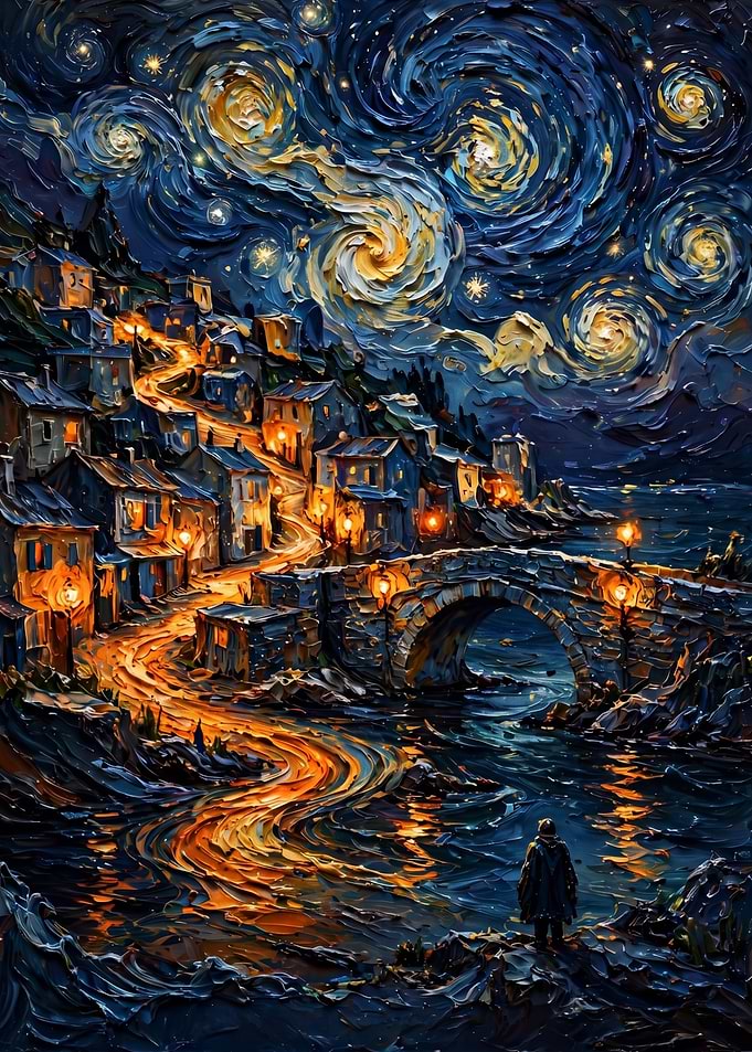 Starry Night Coastal Village Painting