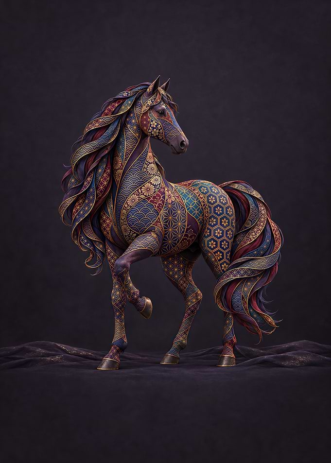 Ornate Japanese Patterned Horse Statue