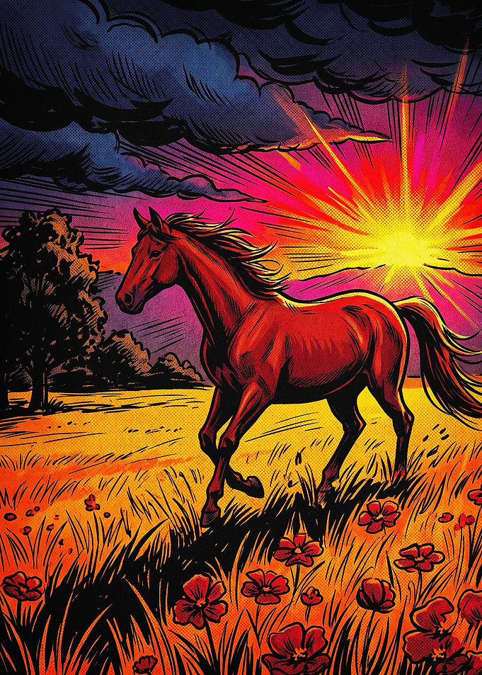 Wild Horse Sunset Retro Art Poster