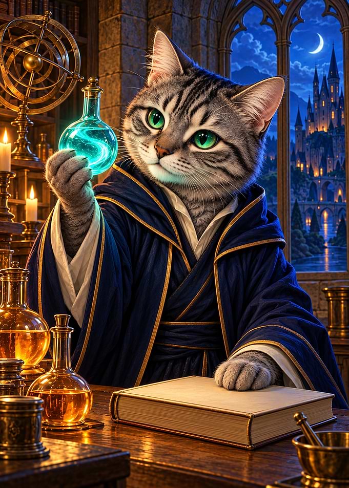 Wizard Cat Studying Magical Potions