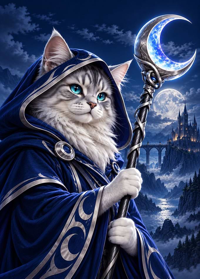Magical Cat Wizard with Moon Staff