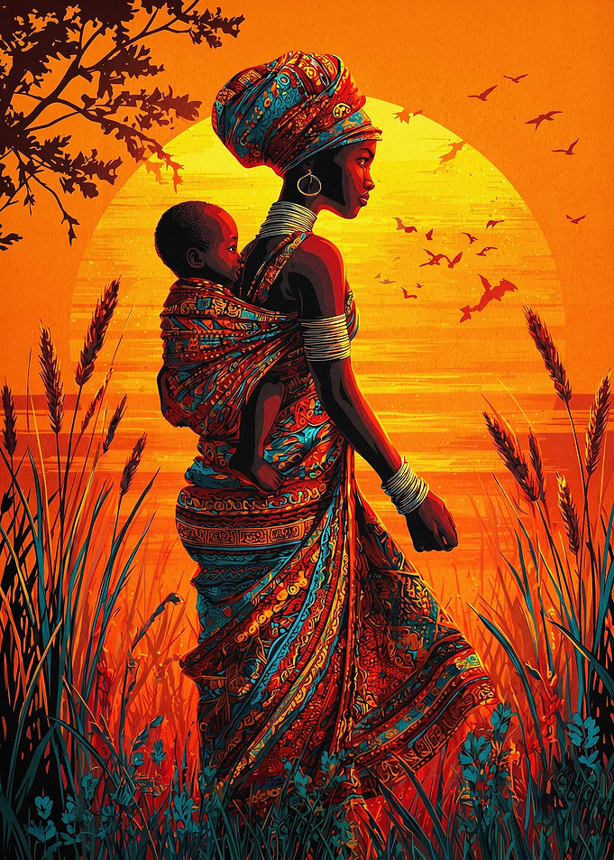 African Mother Child Sunset Art
