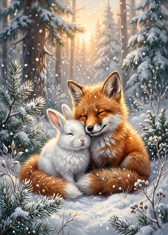 Fox and Rabbit Cuddling in Winter