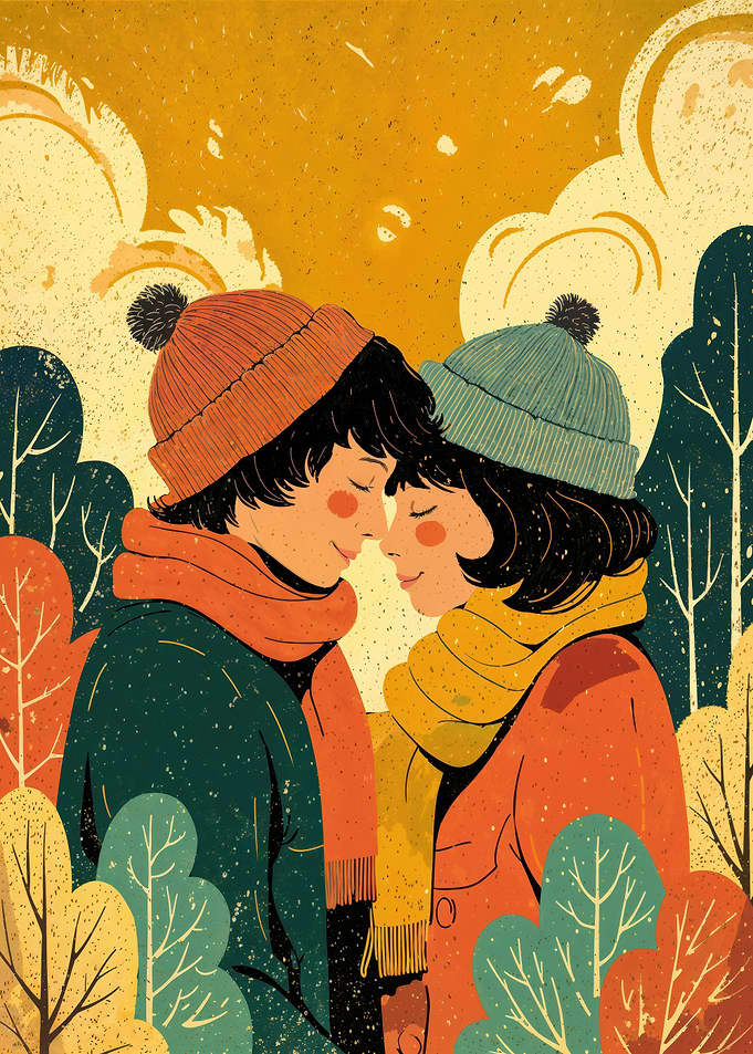 Cozy Couple In A Retro Winter Woodland