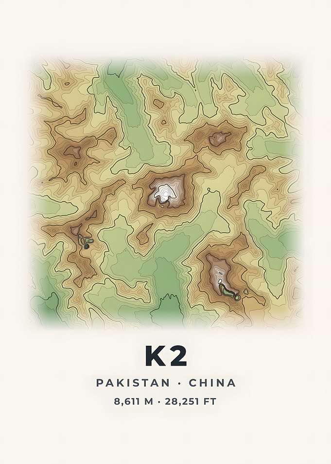 K2 Topographic Map Color Relief Poster