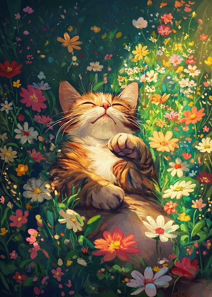 Cat Flower Meadow Sleepy Cute Art