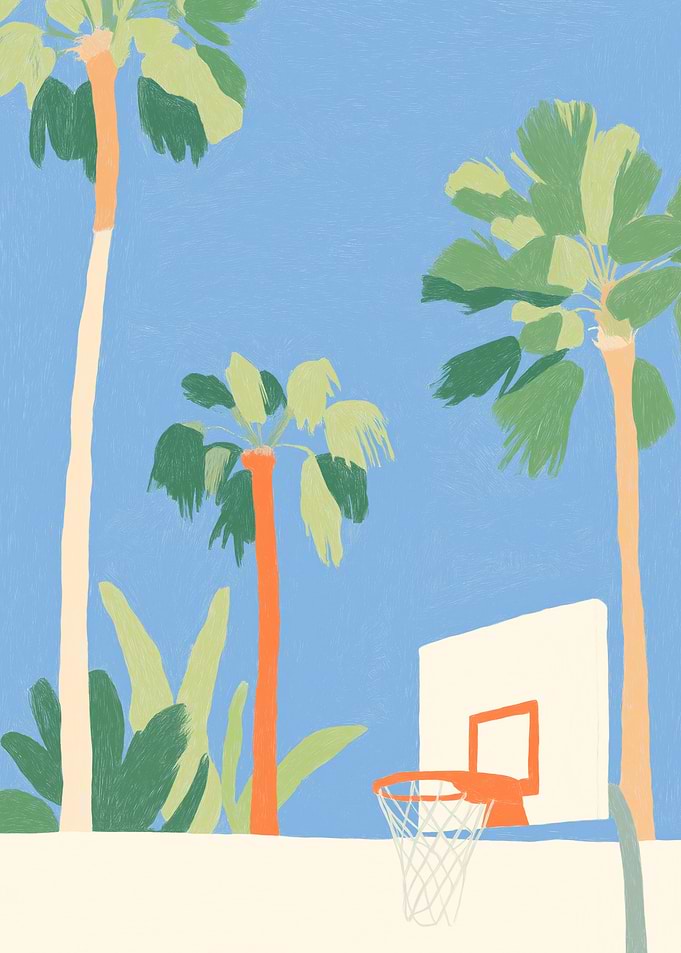Basketball Hoop under Palm Trees - Summer Art