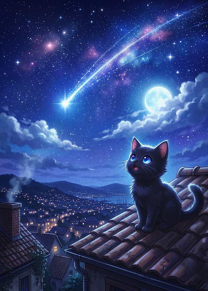 Cat Starry Night Cute Fantasy Art