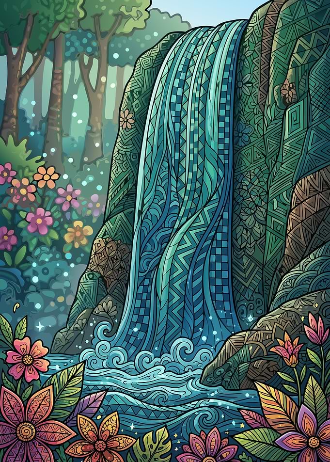 Patterned Doodle Waterfall in Enchanted Forest