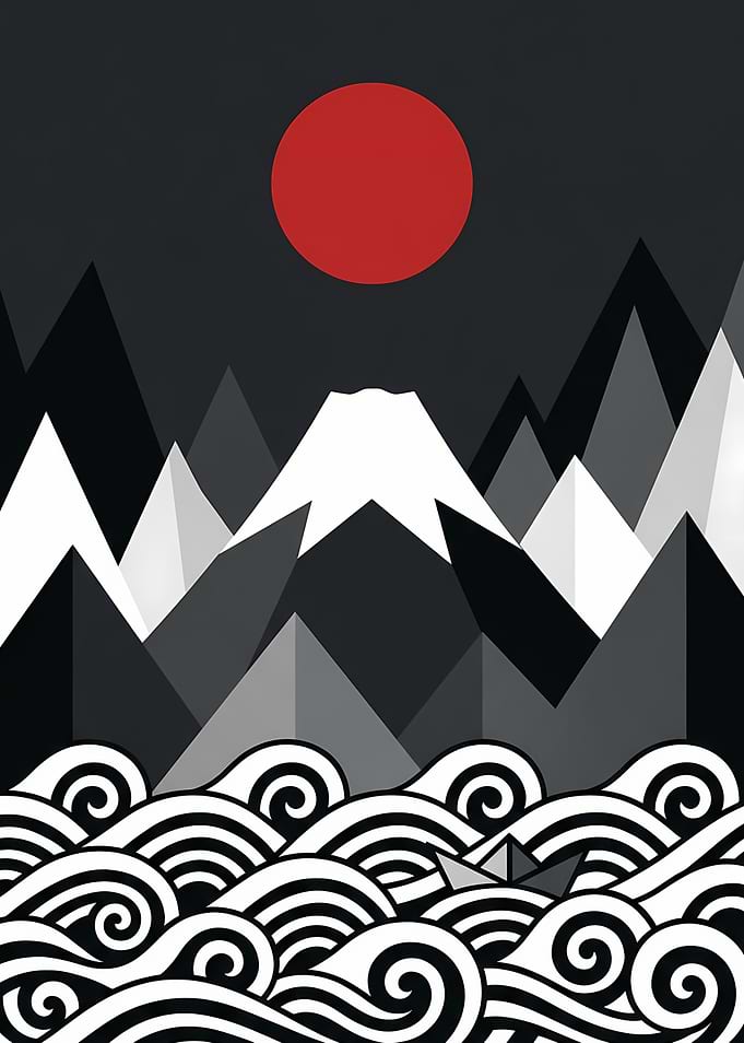 Minimalist Mount Fuji and Paper Boat
