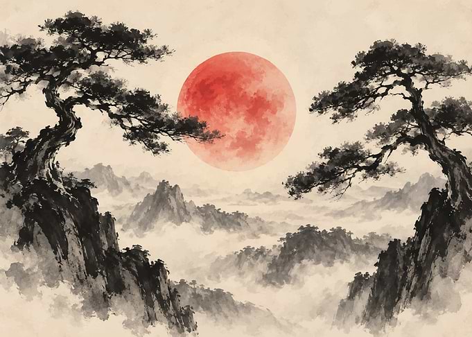 Traditional Ink Wash Mountain Landscape