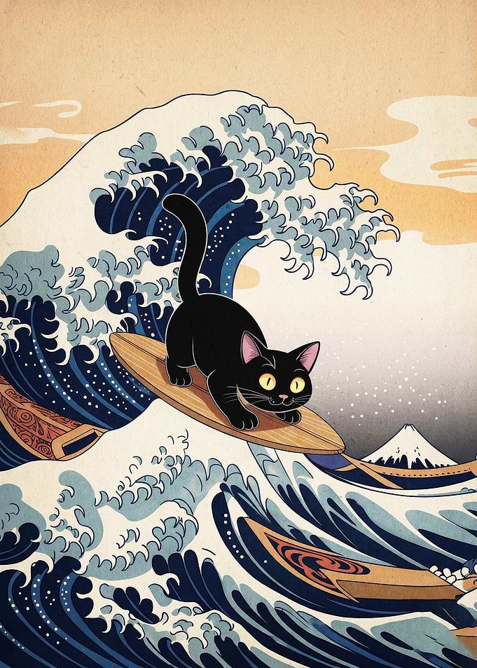 Surfing Cat Japan Wave Ukiyo-e