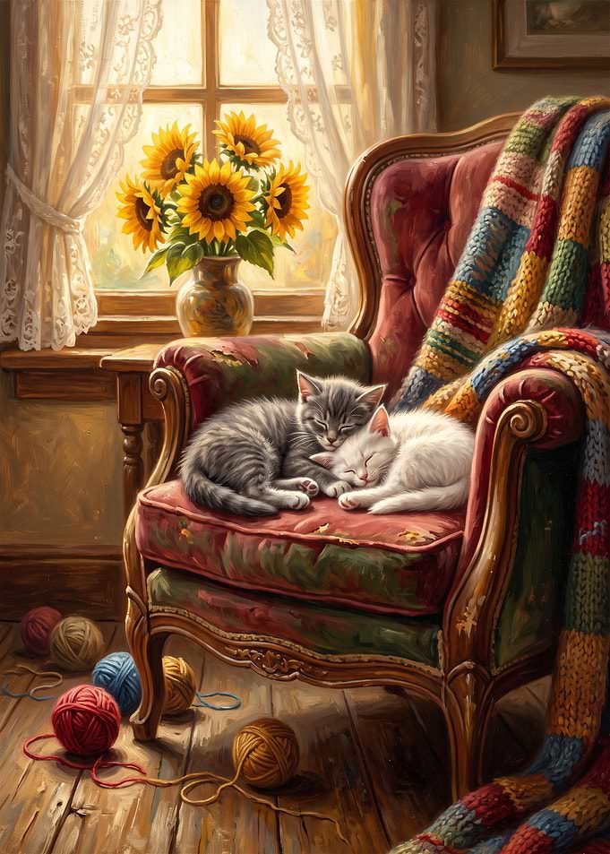 Two Kittens Sleeping in Armchair