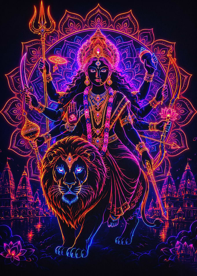 Goddess Durga Neon Art Poster
