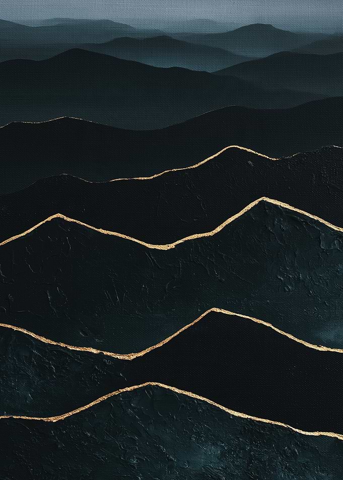 Layered Dark Teal Mountains with Gold Contour Lines, Modern Landscape Art