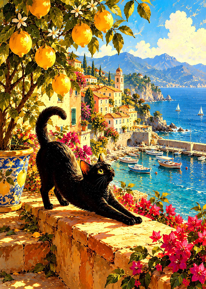 Black Cat Stretching on Amalfi Coast