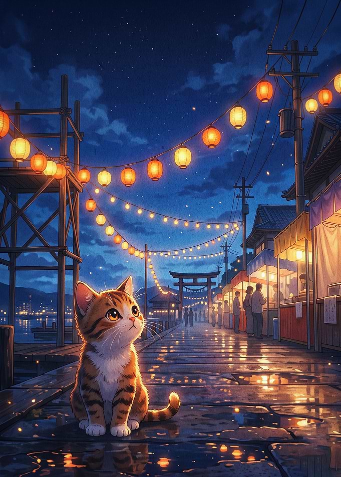 Cat Japan Lantern Night Anime Art