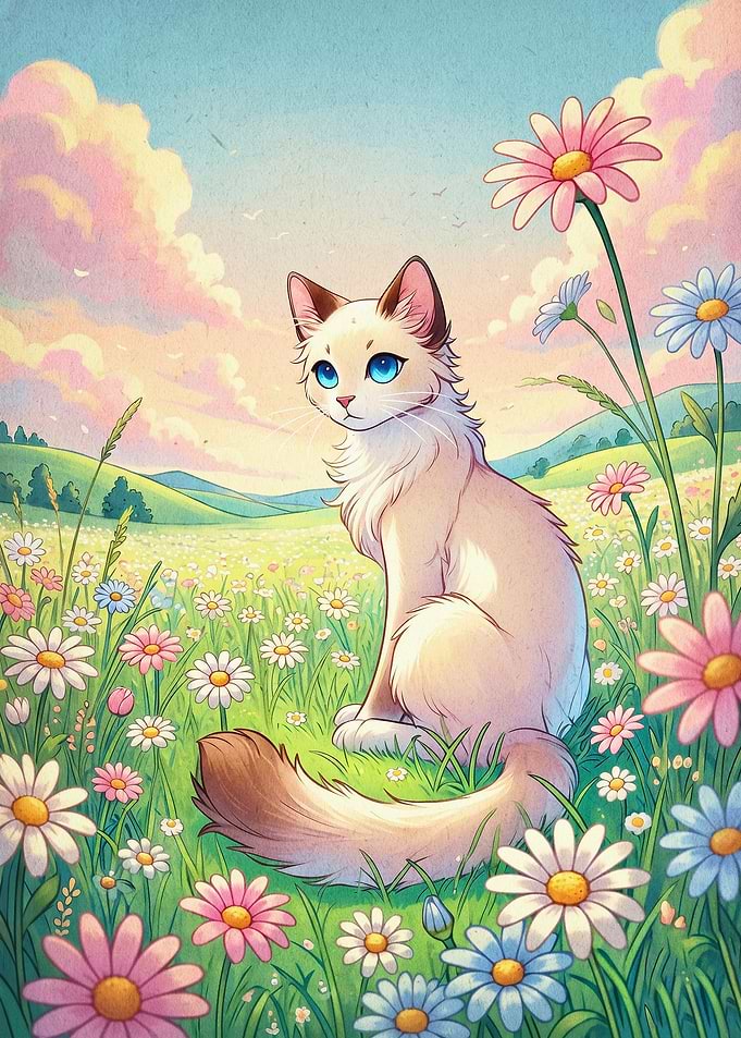 Cat Flower Meadow Pastel Art Poster