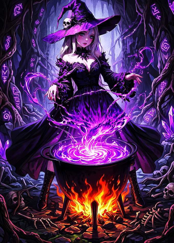 Anime Witch Brewing Purple Magic