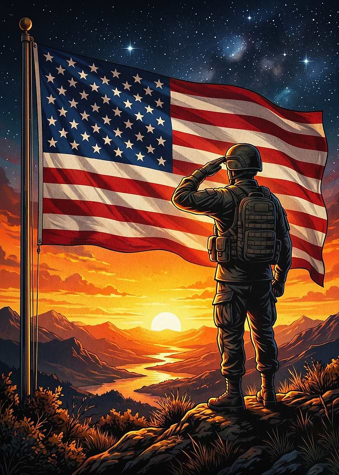 US Soldier Saluting American Flag