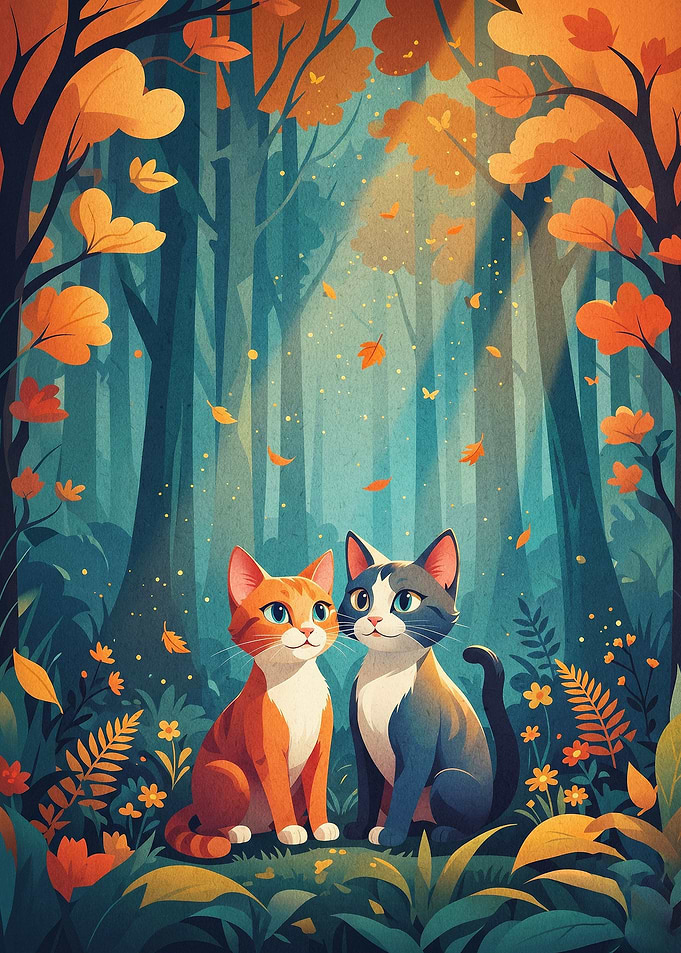 Cats Autumn Forest Magical Poster