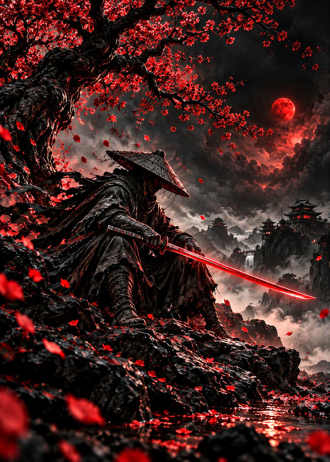 Samurai Under Red Cherry Blossom Tree