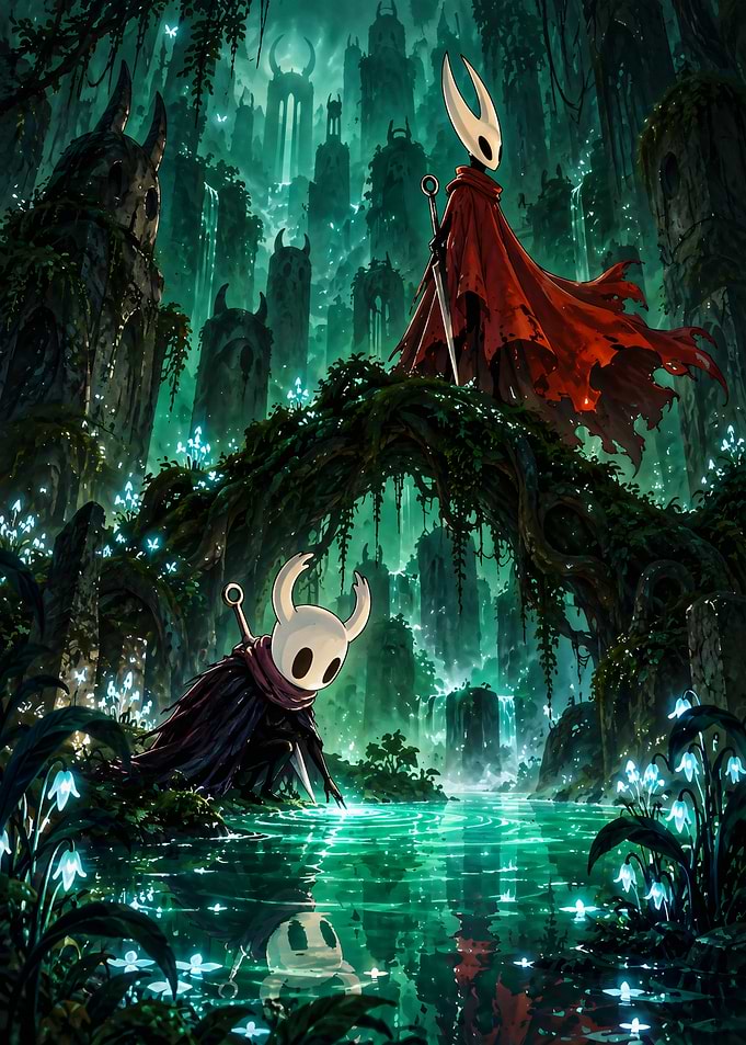 Hollow Knight and Hornet in Greenpath